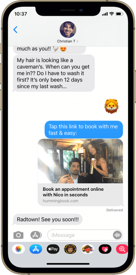 an iphone 12 pro sending a booking link via text replacement