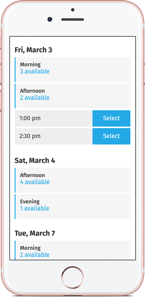 a date picker showing tappable appointment slots to choose from