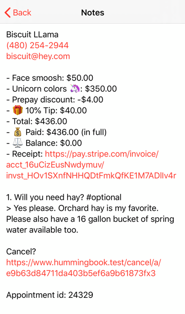 a screenshot of clientâs balance info listed in the notes section on an Apple calendar appointment